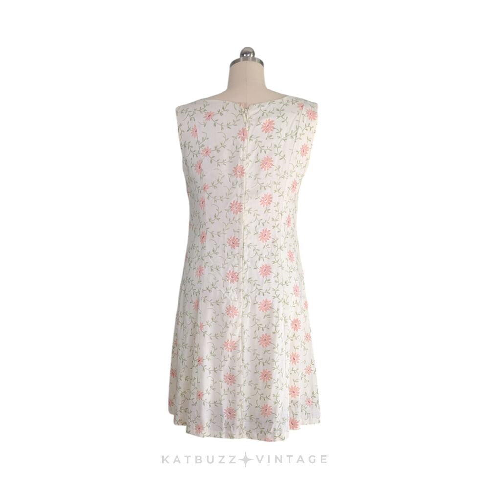 Mini Floral Dress M Cream Pink Vintage 60s A-Line Floral Bow Ribbon Sleeveless - Picture 3 of 14